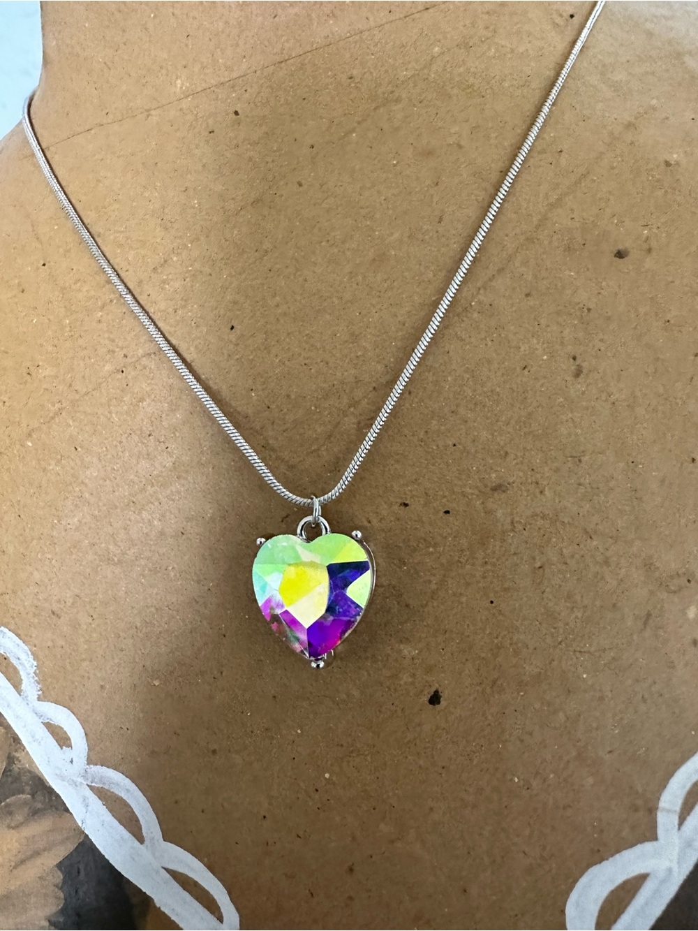 Iridescent Heart Crystal Pendant Necklace - Silver Tone - Women Jewelry